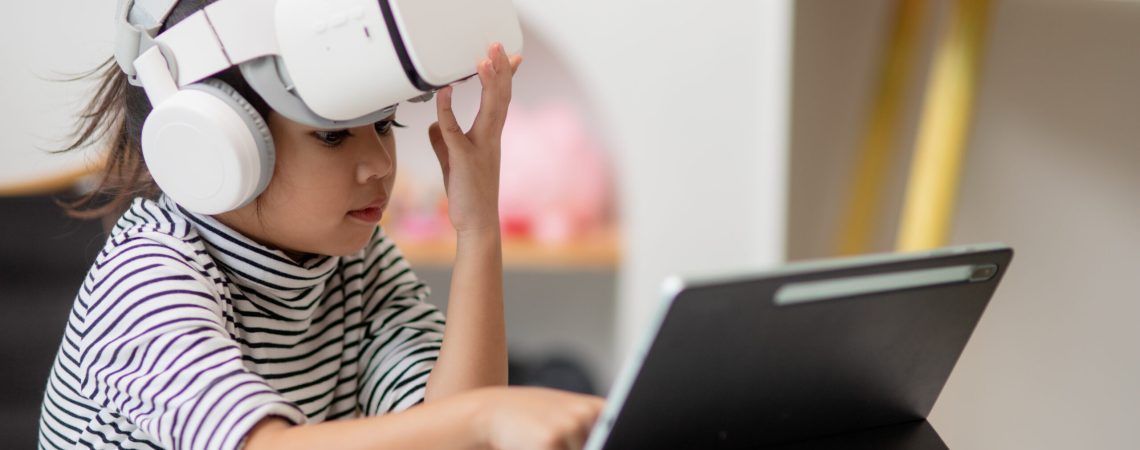 Asian girl study online with VR, virtual reality